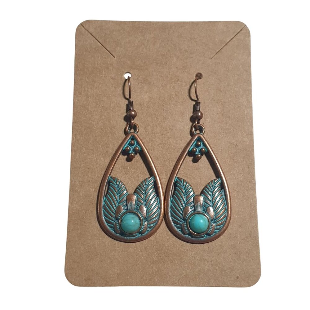 Vintage Style Patina Bronze Teardrop Dangle Earrings Feather Bead Boho Design
